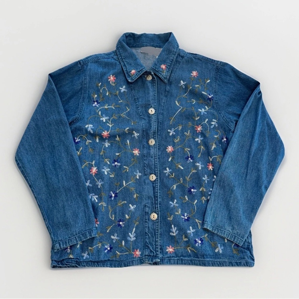 Vtg Bobbie Brooks Denim Button Down-M-Embroidered Flowers-Cottagecore-Floral-90s